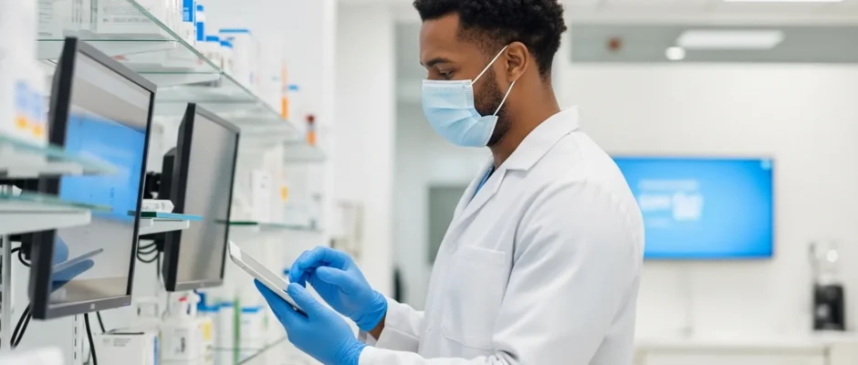 A male professional reviewing financial data on a digital tablet regarding the average pharmacy tech salary.