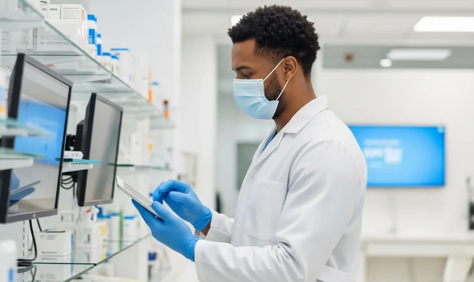 A male professional reviewing financial data on a digital tablet regarding the average pharmacy tech salary.