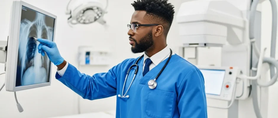 A male student researching the best rad tech programs on a laptop in a modern medical setting.