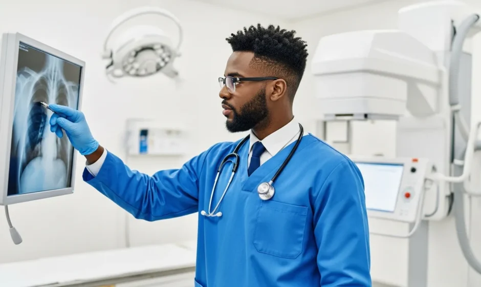 A male student researching the best rad tech programs on a laptop in a modern medical setting.