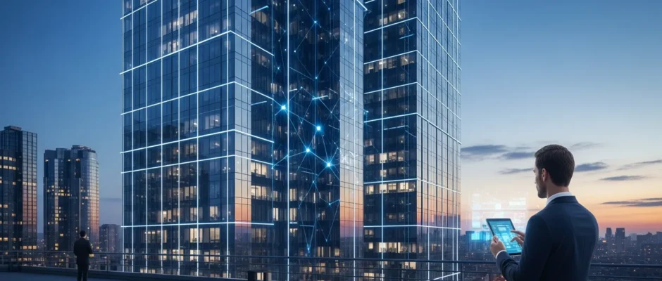 Modern cityscape showcasing integrated smart building solutions for efficient and sustainable urban infrastructure.