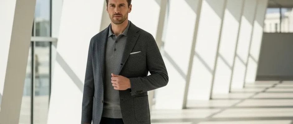 A man wearing modern smart casual attire featuring a tailored navy blazer and slim-fit tan chinos.