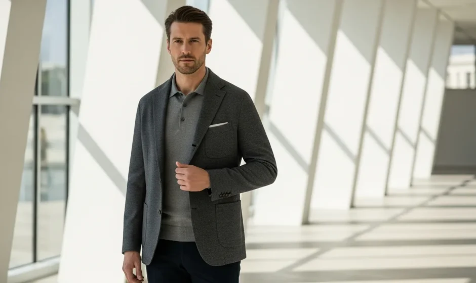A man wearing modern smart casual attire featuring a tailored navy blazer and slim-fit tan chinos.