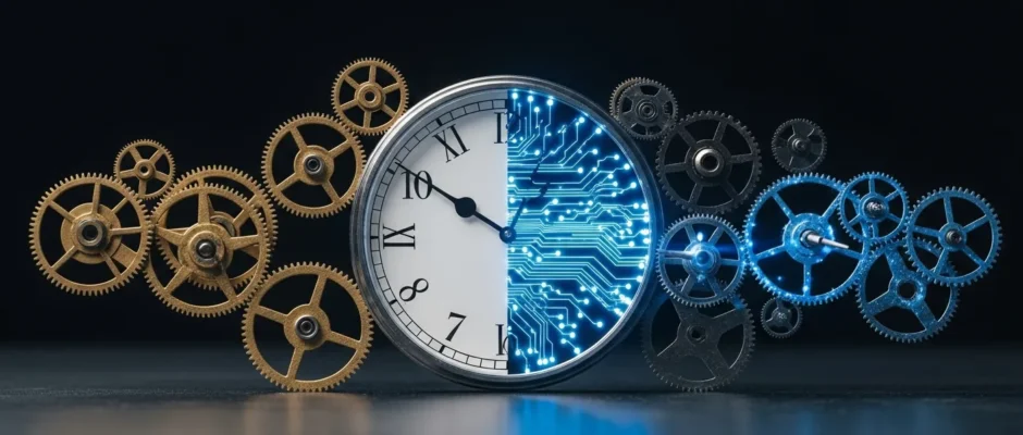 A conceptual blend of vintage brass gears and modern glowing fiber optics explaining what does technology mean.