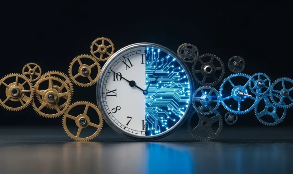 A conceptual blend of vintage brass gears and modern glowing fiber optics explaining what does technology mean.