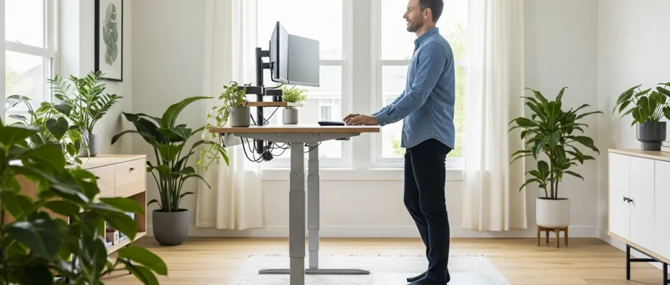 A modern office setup explaining what is a riser desk for improved ergonomic health and posture.
