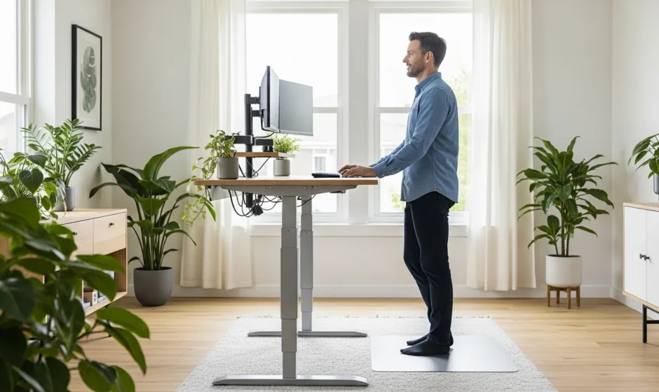 A modern office setup explaining what is a riser desk for improved ergonomic health and posture.