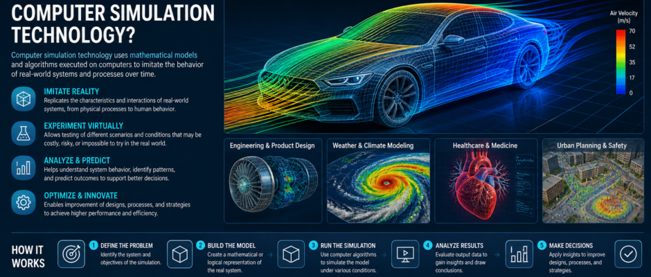A professional graphic showing computer simulation technology in action, featuring a digital wireframe of an engineering component with heat maps and data analytics overlays representing a virtual test environment.