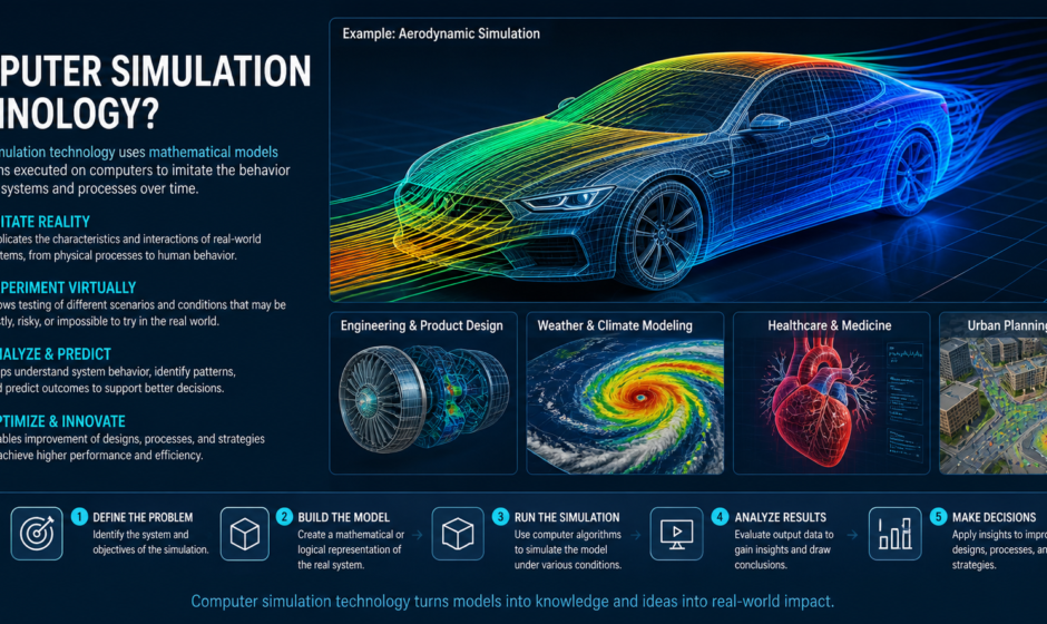 A professional graphic showing computer simulation technology in action, featuring a digital wireframe of an engineering component with heat maps and data analytics overlays representing a virtual test environment.