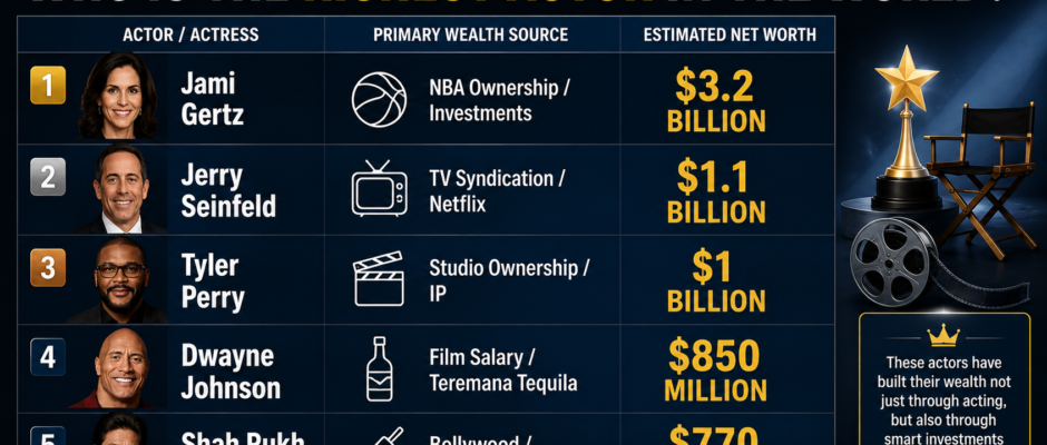 Infographic titled “Who Is the Richest Actor in the World?” showing a ranked list of wealthy actors and actresses with their estimated net worths and primary income sources. The graphic features Jami Gertz at number one with $3.2 billion from NBA ownership and investments, followed by Jerry Seinfeld, Tyler Perry, Dwayne Johnson, and Shah Rukh Khan. The design uses a dark blue background with gold and white text, celebrity portraits, and film-themed icons.