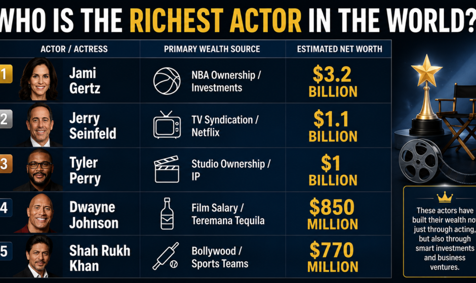 Infographic titled “Who Is the Richest Actor in the World?” showing a ranked list of wealthy actors and actresses with their estimated net worths and primary income sources. The graphic features Jami Gertz at number one with $3.2 billion from NBA ownership and investments, followed by Jerry Seinfeld, Tyler Perry, Dwayne Johnson, and Shah Rukh Khan. The design uses a dark blue background with gold and white text, celebrity portraits, and film-themed icons.