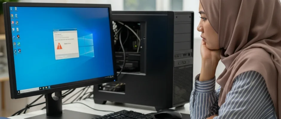 Woman looking at a system error on her monitor, thinking why does my computer keep crashing.