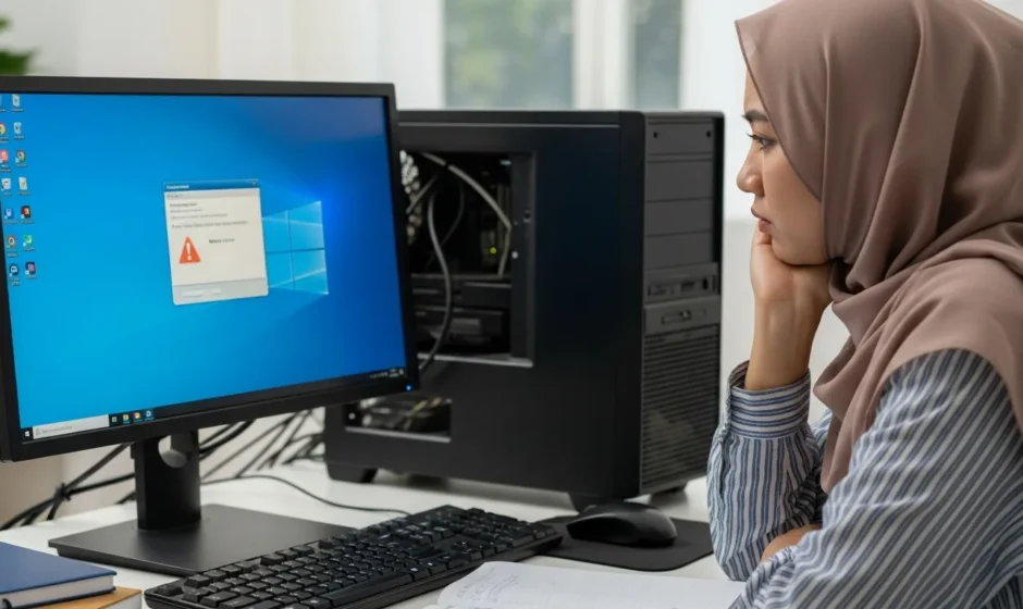 Woman looking at a system error on her monitor, thinking why does my computer keep crashing.