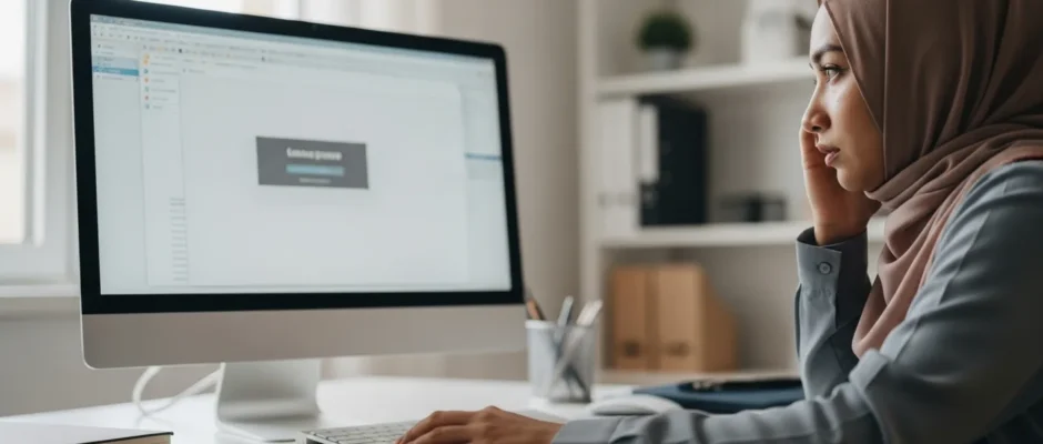 A woman in a hijab looks frustrated at her computer screen, wondering "why is my computer so slow?"