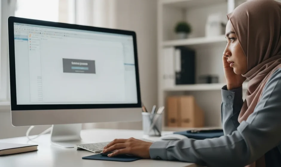 A woman in a hijab looks frustrated at her computer screen, wondering "why is my computer so slow?"